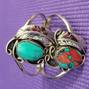 Signed NavajoTwo Colors of Turquoise in 925 Sterling Silver Cuff Bracelet
